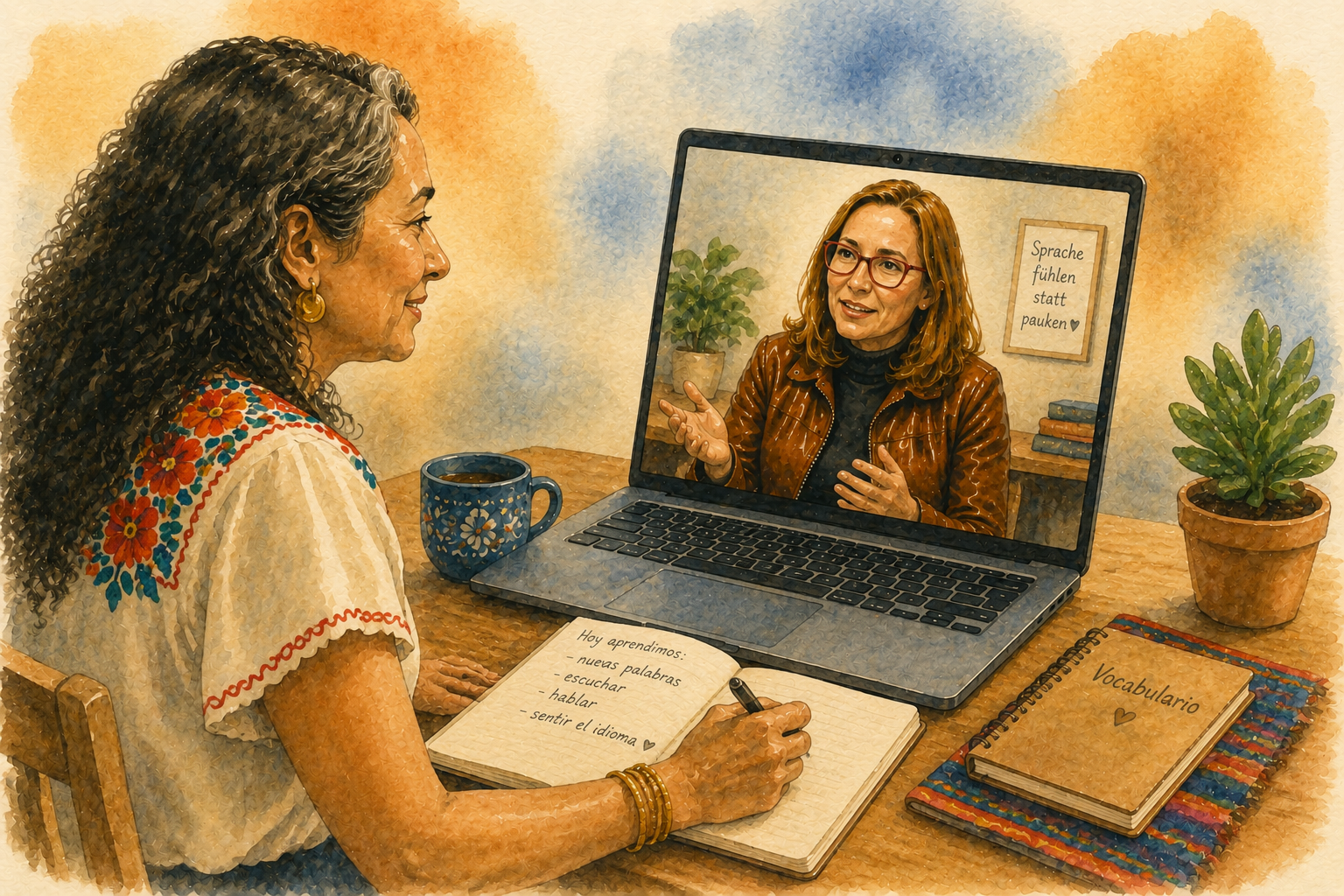 Online-Coaching: Schülerin vor Laptop mit Lehrerin auf dem Bildschirm, Illustration in Wasserfarben