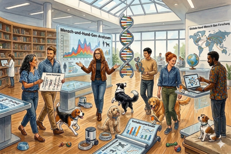 Illustration: Menschen und Hunde in einem Forschungslabor – gemeinsame Genanalysen