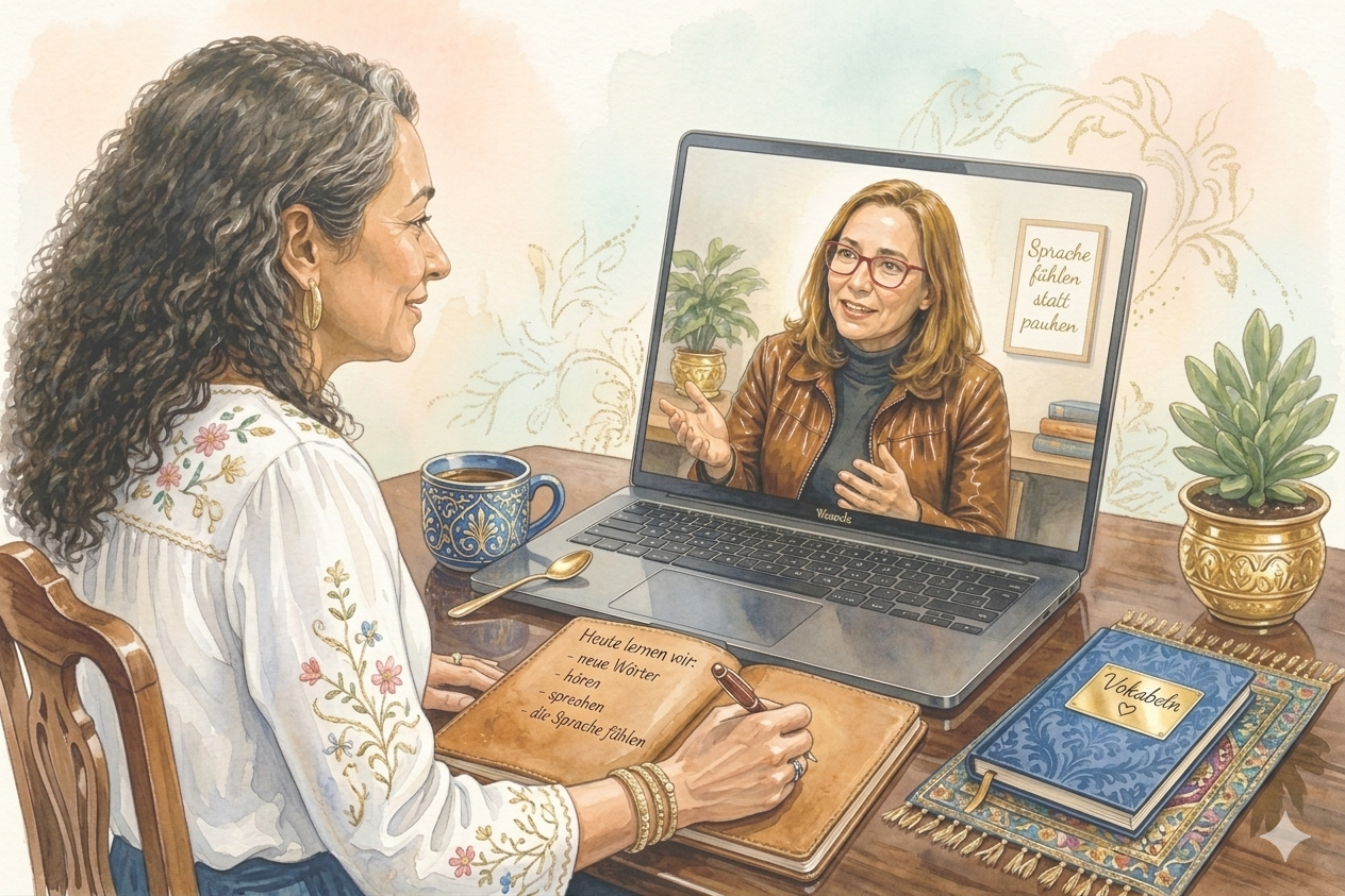 Online-Coaching: Schülerin vor Laptop mit Lehrerin auf dem Bildschirm, Illustration in Wasserfarben
