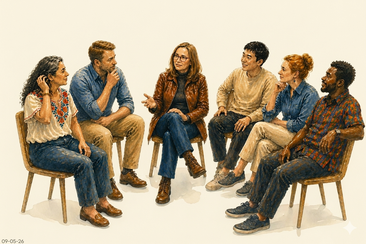 Gruppe von Menschen im lebhaften Gespräch, Illustration in Wasserfarben