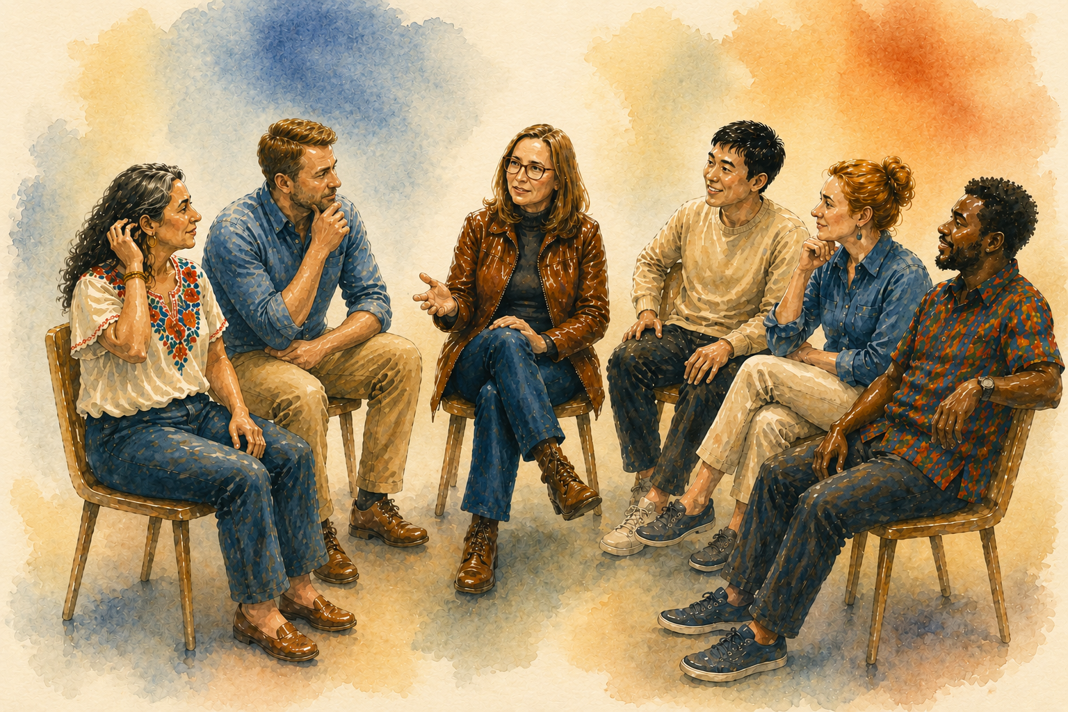 Gruppe von Menschen im lebhaften Gespräch, Illustration in Wasserfarben
