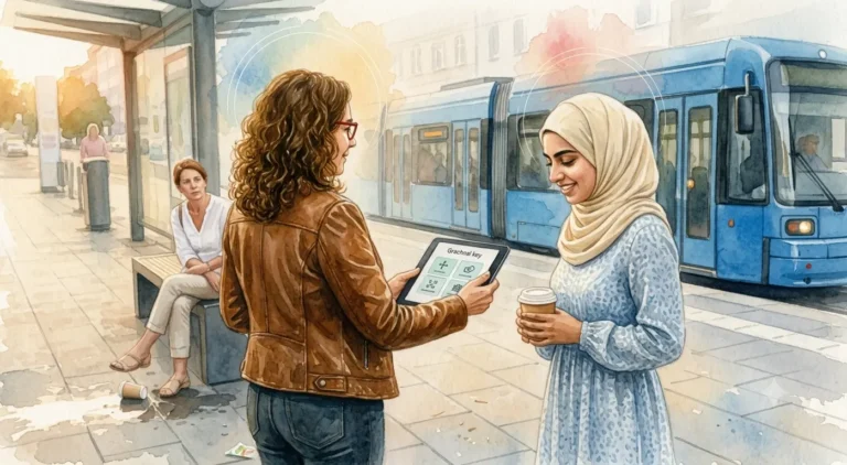 Illustration: Zwei Frauen an einer Bushaltestelle – eine mit Kopftuch lächelt selbstbewusst, während die andere ein Tablet hält und aufmerksam zuhört. Eine S-Bahn ist im Hintergrund. Symbol für gelungene interkulturelle Kommunikation und Überwindung von Sprachblockaden.